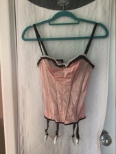 M&S Ceriso Pink Satin French Bustier Basque Suspenders Thong 34B UK 8 - 10