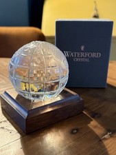 WATERFORD CRYSTAL WORLD GLOBE PAPERWEIGHT ON WOODEN BASE 3" DIA. EXCELLENT