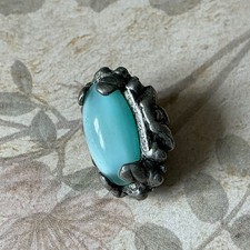 Vintage Turquoise Cats Eye Fob Pendant Egyptian Rival Silver Tone Metal