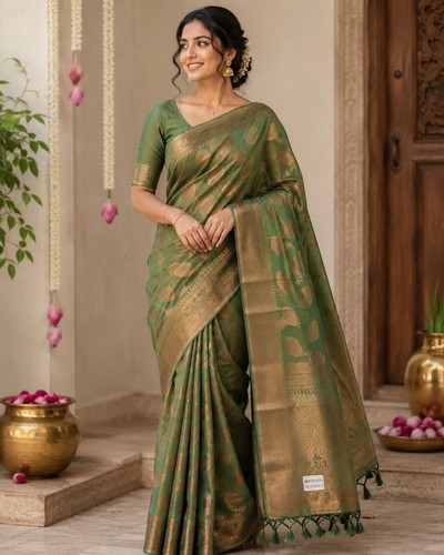 Green cotton saree with blouse - with,