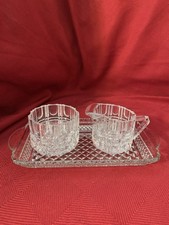 Vintage Clear Depression Glass Block & Pleat Design Creamer & Sugar w/Tray Set