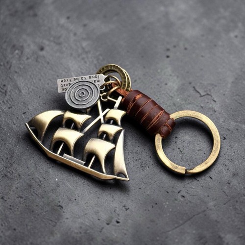 Leather brass ship - ship, keyring