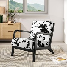 Black and White Cow Print Velvet Upholstered Armchair Wooden Frame Accent Chair