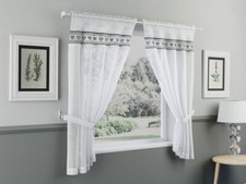 KITCHEN WHITE VOILE CURTAIN SET WITH BLACK HEARTS ANY DROPS (35"-54")