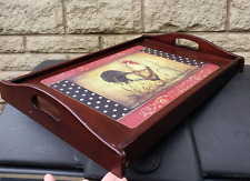 22” Wooden Serving Tray Cockrel Foldable Legs Lap Bed Chickens Farm Mahogany
