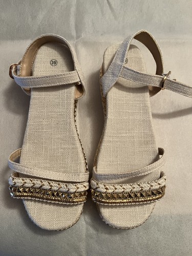 Womens cream linen flatform - cream,