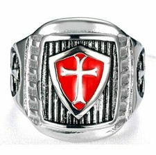 Mens Shield Cross Knights Templar Ring Silver Stainless Steel Size 7-15 Gift