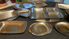 Vintage stainless plates and dishes-Old Hall, Chicester, Satinsteel, Bramah