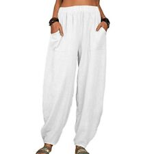 Ladies Elastic Waist Cotton Trousers Women Casual Baggy Wide Leg Harem Pants UK