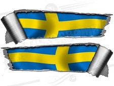 Pair Rolled back Ripped Metal Effect Swedish Flag  Vinyl Car Stickers 