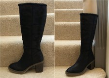 TU WOMAN Black Faux Micro Leather Sherpa Top Knee Length Block Heel Boots 5 38