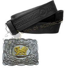 Scottish Kilt Belt Buckle Welsh Dragon Chrome Real Leather Celtic Knot Embossed