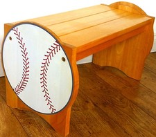 American Sports Themed Solid Oak Wooden Seat Bench Chair Book Shelves Baseball