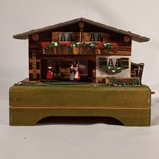 Vintage Reuge Swiss Chalet Music Box Dancing Couple 3D Wood Yodel Tune
