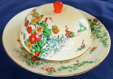 Vtg Hand Painted CROWN STAFFORDSHIRE Orange & Yellow HOLLYHOCKS - Cheese & Cover