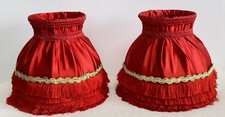 VTG Red Lamp Shades Clip-On 5” Tasselled Gold Trim Satin Cottage Style Small x 2