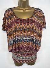 Ingenue Top Brown Abstract Stretchy Relaxed Fit Cap Sleeve UK 14