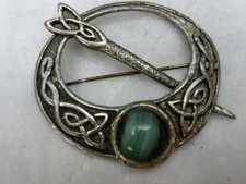 Tara Brooch Celtic Pin Silver Tone Blue Green Agate Ireland