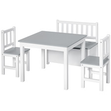 HOMCOM 4-Piece Set Kids Wood Table Chair Bench w/ Storage Function,Refurbished