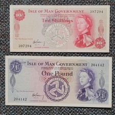 c1961 ND ISLE OF MAN 10s (Ten Shillings) BANKNOTE - And One Pound Note