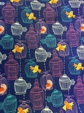Bird cage fabric, birds cotton, Blue birdcage, cute pretty print 1 Meter