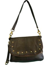 Women's ORIANO Brown Leather Vintage Shoulder Bag W/ Stud Details & Zip Closure