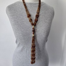 Vintage Long Glass Tassel Necklace Brown Glass Beads Multi Strand Bohemian Boho 