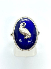 Antique 1900's Silver Blue Enamel Pelican Bird Ring - Size P (US 7 3/4)