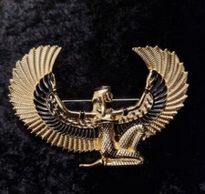 Large Goddess Isis - Winged Egyptian Brooch - 8.4cm - Gold Tone - Art Deco Style
