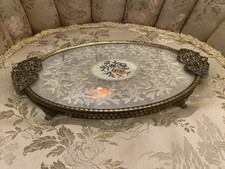 Vintage Petit Point Lace Oval Brass Vanity Tray 