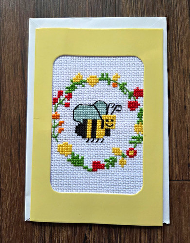 Handmade cross stitch card bee - card,