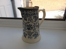 RARE 1886 DUNN BENNETT & CO BLUE CHINTZ JUG/PITCHER (METAL LID MISSING) 7" TALL