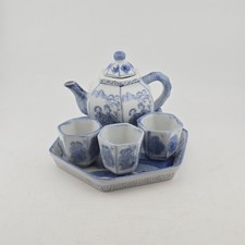 Mini Blue White Porcelain Tea Set Teapot 3 Cups Tray Ornamental Only Asian