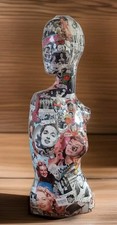 Vintage old Hollywood+flowers decoupaged torso+head mannequin 85cm tall