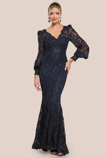 Women’s Black Lace Sequin Maxi Dress Long Sleeve V-Neck Mermaid – Made Vinci