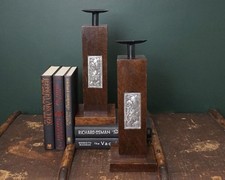 Beautiful Objects: Hand crafted wooden candle holders with embossed metal inlays