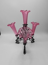 VICTORIAN CRANBERRY GLASS EPERGNE. 4 FLUTED IN A DECORATIVE STAND 