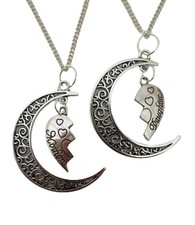 SILVER MOTHER & DAUGHTER MOON NECKLACE Pendant Love Heart Gift Set + Bag