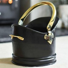 Polished Brass & Black Iron Traditional Fireplace Coal Bucket Coal Scuttle