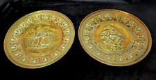 2 x VINTAGE LOMBARD GALLEON THEMED PRESSED BRASS WALL PLATE /  WALL PLAQUE 21CM