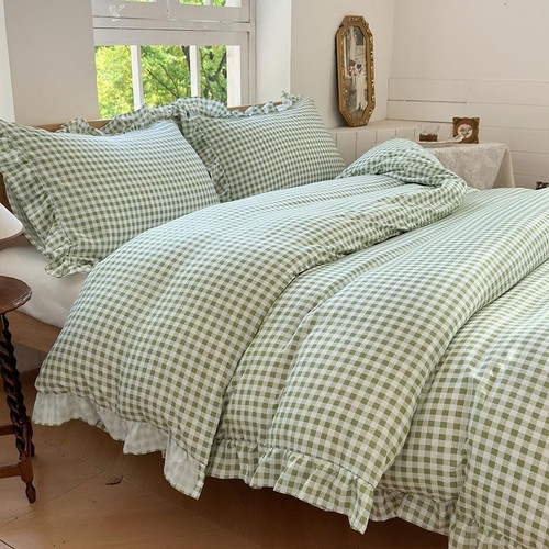 Sage green gingham ruffle - green,