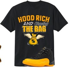 Gildan Shirt Men Large Black Spell Out Hood Rich and Chasing The Bag Graphic Tee