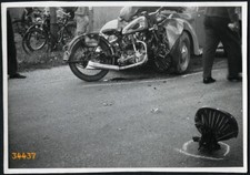 NSU OSL 251, accident, classic motorbike w old car, broken car, Vintage fine art