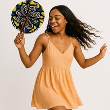 Mini Pocket Size Handmade Fan African Print Handheld Ankara Fabric Leather Strap