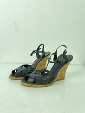 Faith Black Leather Peep Toe Buckle Cork Wedge Summer Sandals UK 6