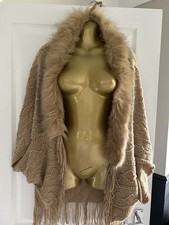 SHEIN Women Shawl wrap cape caramel brown Color fur trim One Size 