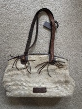 Tula Woven Handbag With Brown Leather Trim And Straps And Tassels New