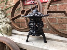 VINTAGE 10" BLACK  CHINESE CAST IRON PAGODA GARDEN PATIO TEA LIGHT CANDLE LAMP 