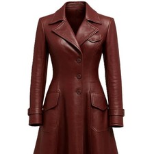 Women Burgundy Lambskin Leather Trench Coat Long Flared Gothic Style Winter coat