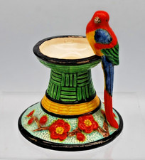 MARUHON WARE K Ceramic Basket Weave Majolica Candleholder Parrot Japan
